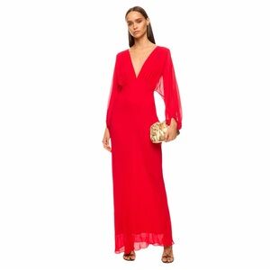 Shona Joy Red Amina Plunge Balloon Sleeve Maxi Dress Womans 6